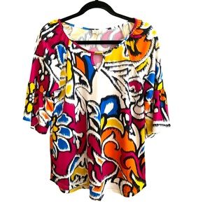 Emi & Joe Blouse S/M Floral Bell Sleeves KeyHole Neck